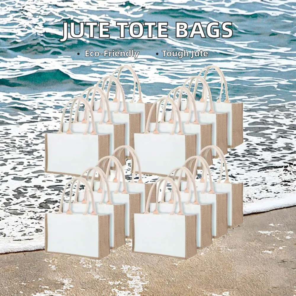 Custom Burlap Tote Bag Jute Reusable Beach Bag for Women Bridesmaid Wedding Gift DIY 12.6 X 8.3 X 5.1 Inch Rope Handle factory