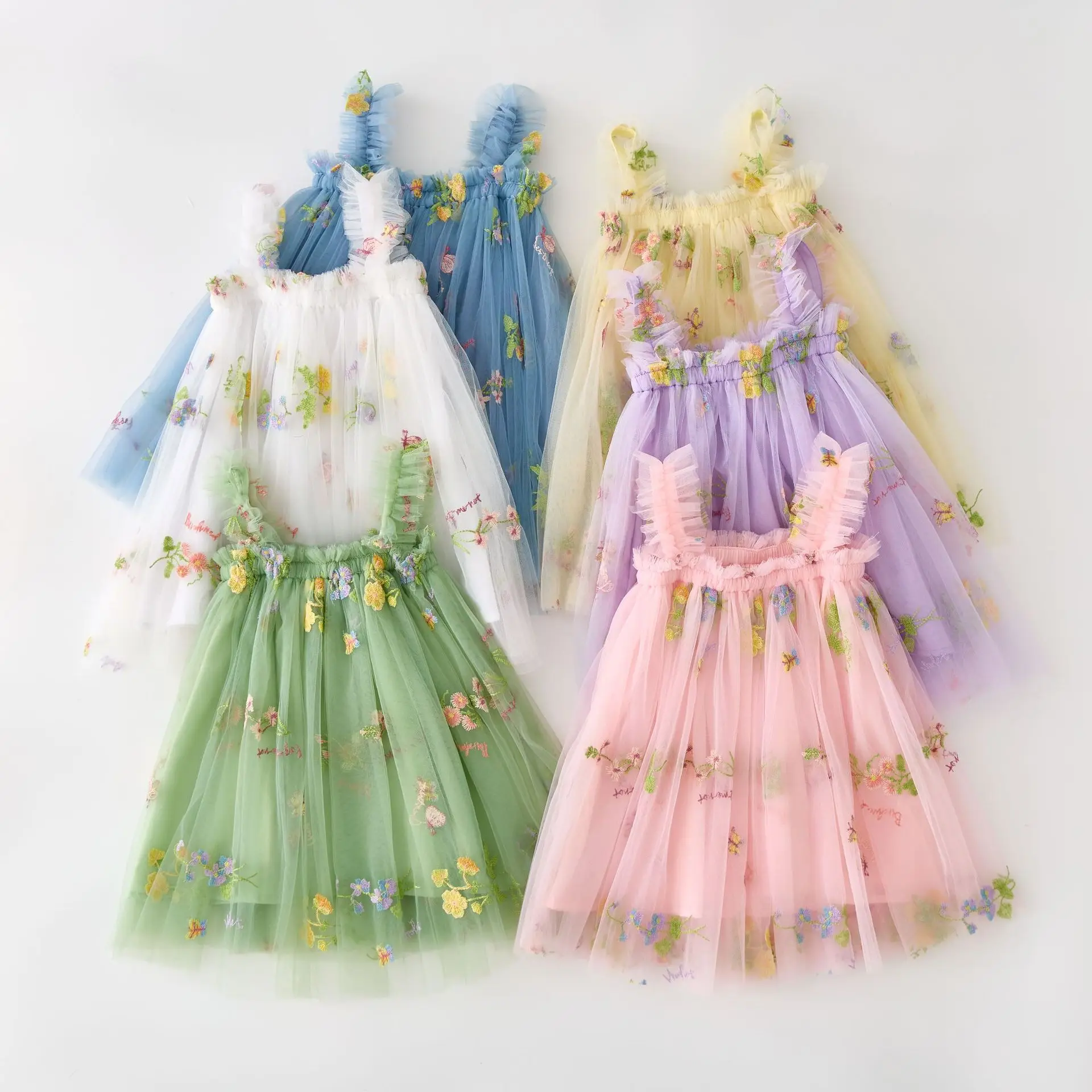 2024 Summer Tulle 3d Beautiful Embroidery Flower Girls Dress for Kids 1-6 Years