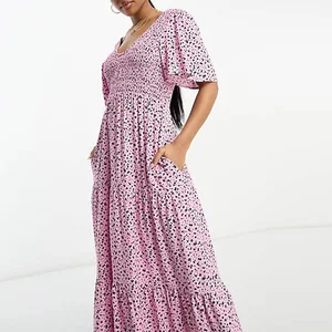 Top Selling Women's V-Neck Short Sleeves Shirred Front Pocket Side Black Ditsy Print Pink Maxi Dress
