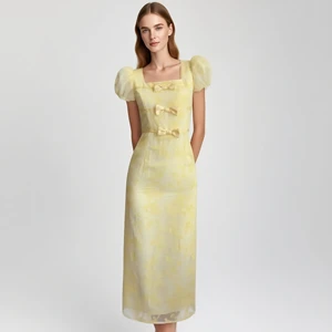 Custom Elegan Yellow Organza Midi Dress with Puff Sleeve and Bow, Women Party Outfit