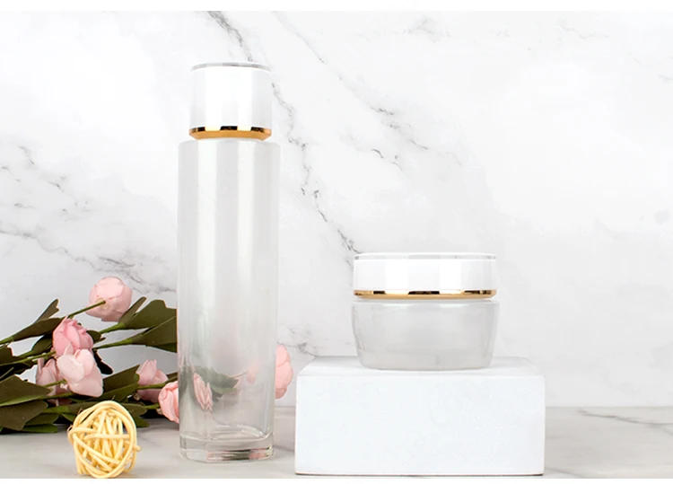 Luxury empty skincare cream jar set packaging 120ml 100ml 40ml glass cosmetic pump spray bottle manufacture