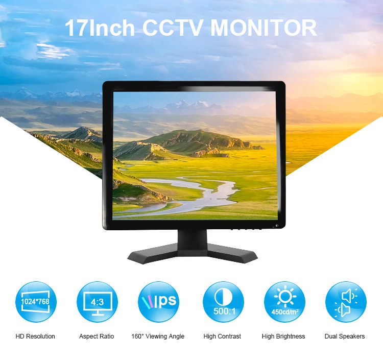 17 Inch TFT LCD Monitor with VGA USB AV TV Input Built-in Speaker for Desktop Industrial Use DC 12V