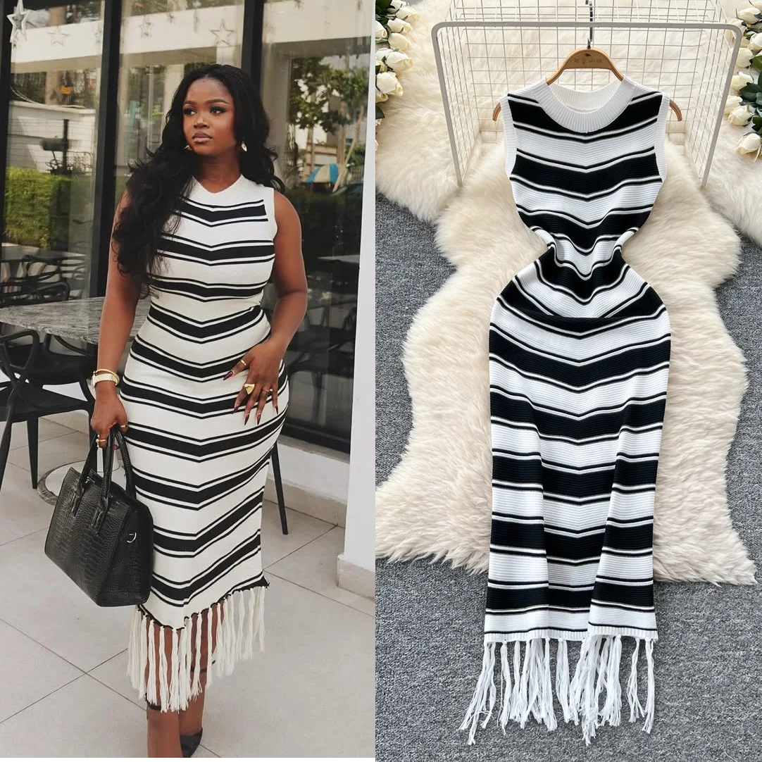 Elegant Summer Bodycon Dress for Women Casual Floral Satin Tassels Long  Maxi Sleeveless Knitted Sweater Fashionable Lace