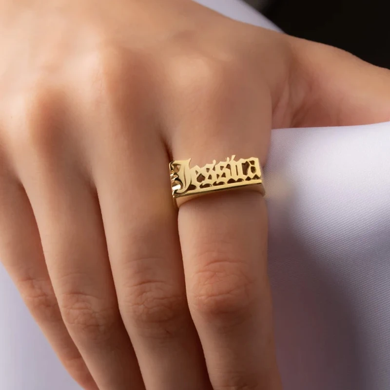 Personalized Old English Font Alphabet Letter Laser Engraved Signet Ring  Design Gold Initial Rings Low Price Personalized Ring