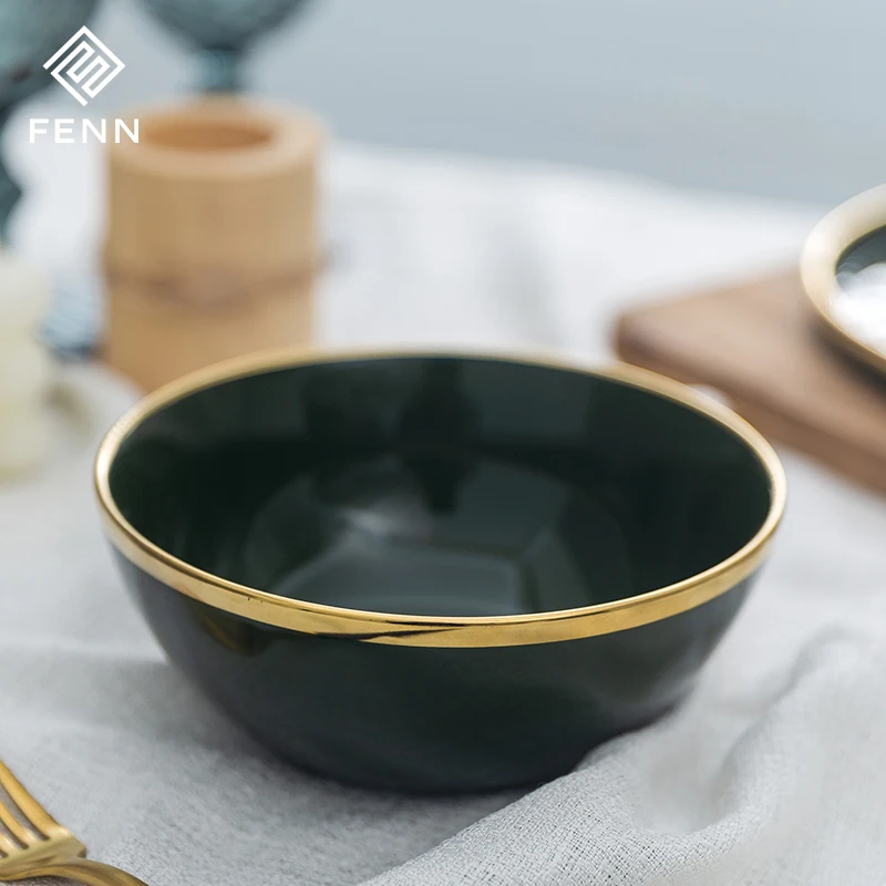 FENN High End Restaurant Electroplated Color Glaze Ceramic Dessert Cereal Bowl 4.5/5.5 Inch Gold Rim Porcelain Soup Bowls