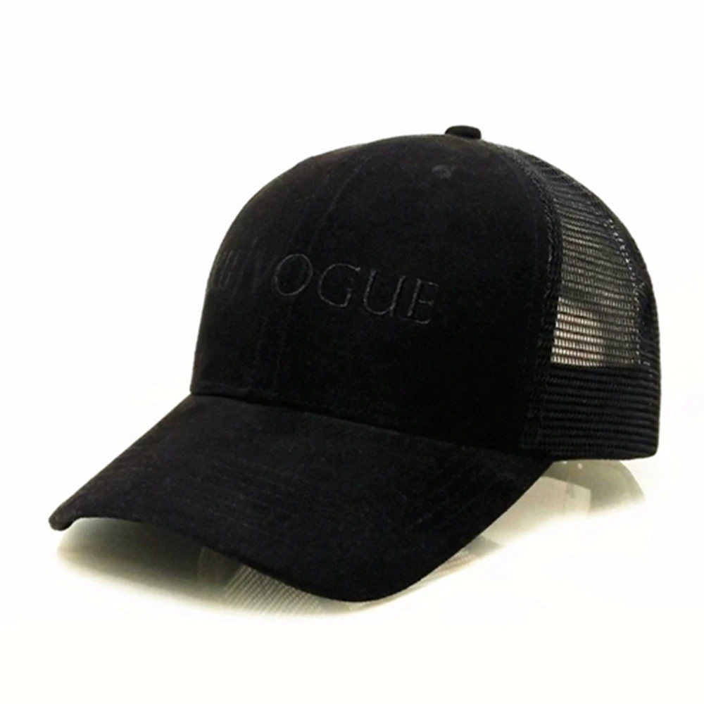 Custom embroidered black suede trucker cap mesh hat