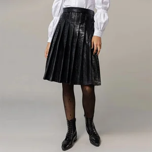 Clothing Manufacturer Custom Spring Autumn Black High Waist Elegant Casual Women Pleated Leather Midi Skirt