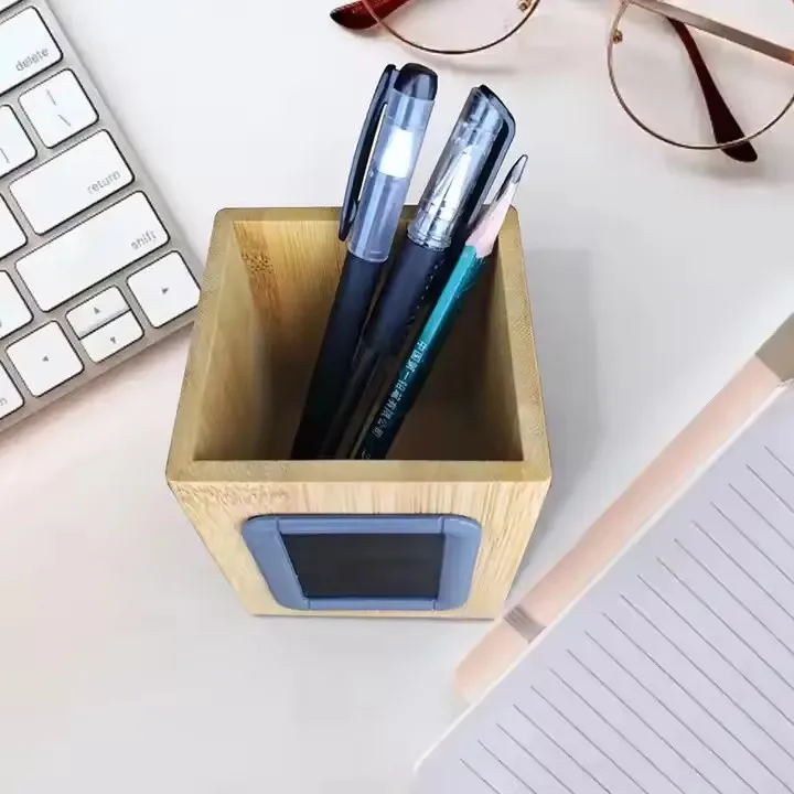 Multifunction Promotional Gift Bamboo Made Electronic Digital Alarm Pen Holder Table Desk LED Clock