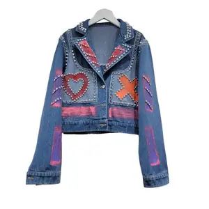 Spring and Autumn New Style Short Denim Jacket DIY Crystal Cool Denim Top Jacket for Girls