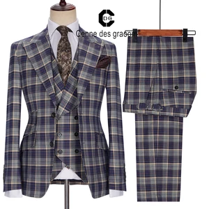 Cenne Des Graoom High Quality Suits Mens 3 Piece Plaid Gray Men's Classic Suit Three Piece Suits for Men
