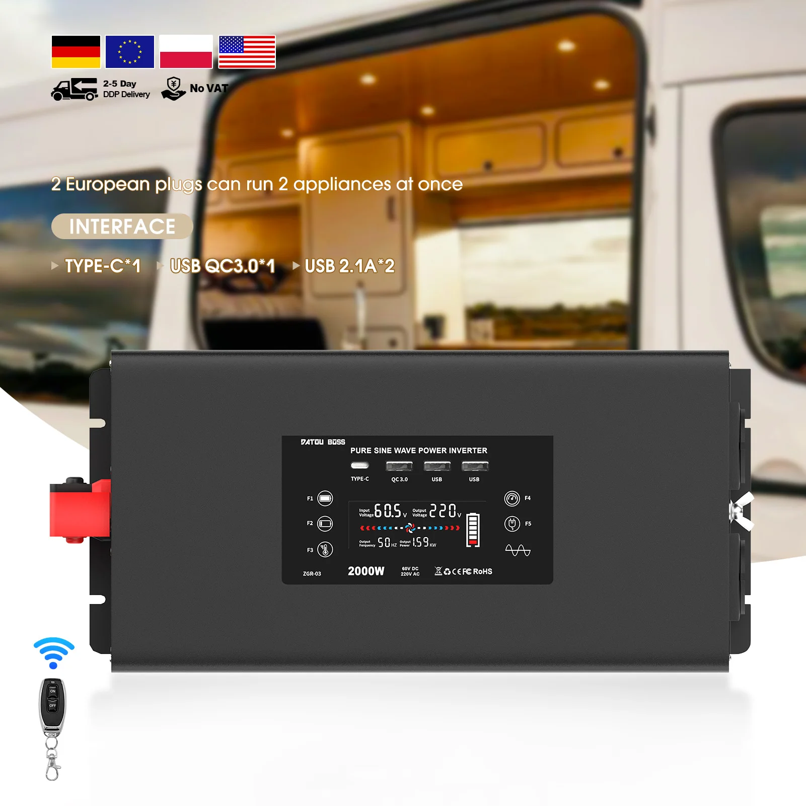 Lokaal leverbaar EU eenfasige DATOUBOSS 2000W 12V naar 220V auto-omvormers met afstandsbediening_voghion.com