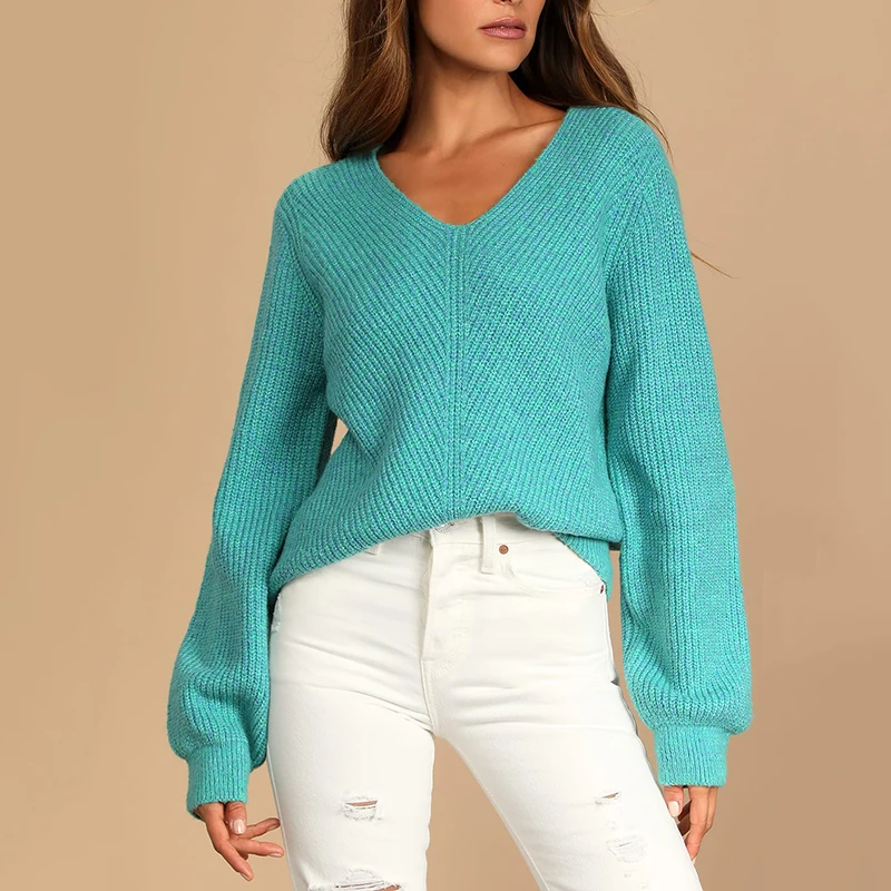 Loose V-Neck Cardigan with Long Balloon Sleeves, Regular