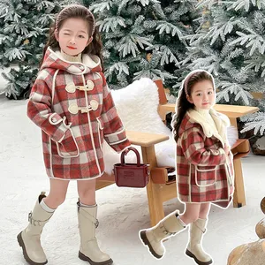 Customized Girls Woolen Velvet Printed Breathable Hooded Casual Coat Autumn Winter Plaid Pattern Horn Button Plus Size Clothes