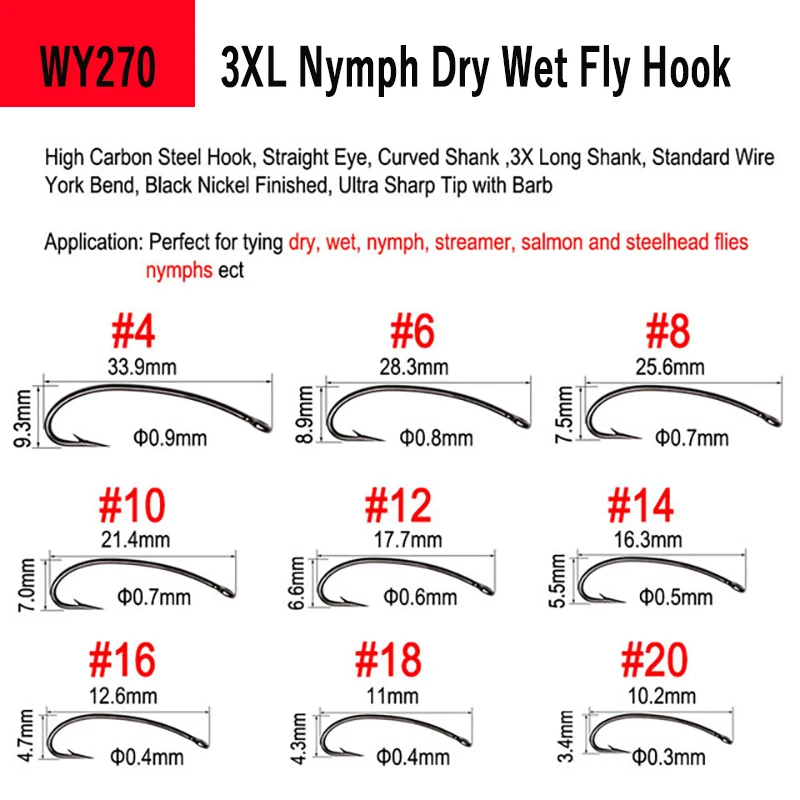 Fish Hooks Size 10 12 14 16 18 20 Standard Nymph & Wet Fly Tying Hook  Bronze Sharp Strong Nymph and Wet Fly Fishing Hooks 500PCS (Color : 500pcs  size 10) : : Sports & Outdoors