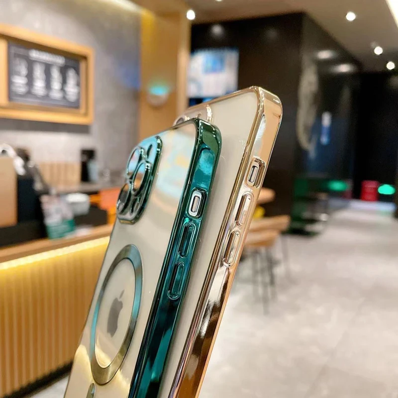 Мягкий силиконовый чехол для iPhone 14 13 Pro Max с гальваническим покрытием прозрачный телефона Magsafes противоударный защитный