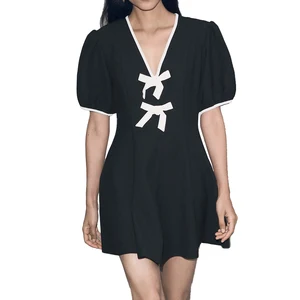 Wisrise Fashion Factory New Design White Contrast Puff Sleeve Deep V Bow Mini Dress Vintage Girly Style for Party