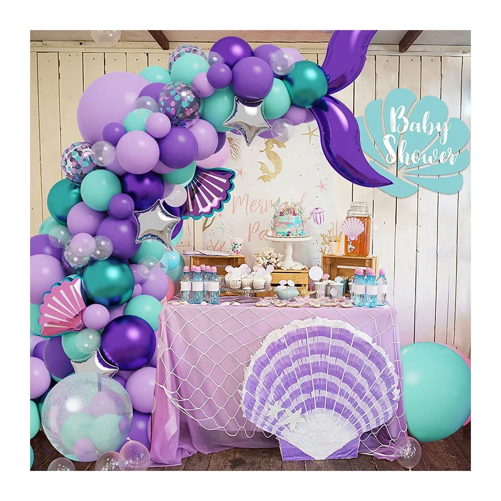 Birthday Theme Party Decor Supplies Decorations Purple Blue Latex and Silver Mermaid Tail Foil Balloon Arch Garland Kits Set