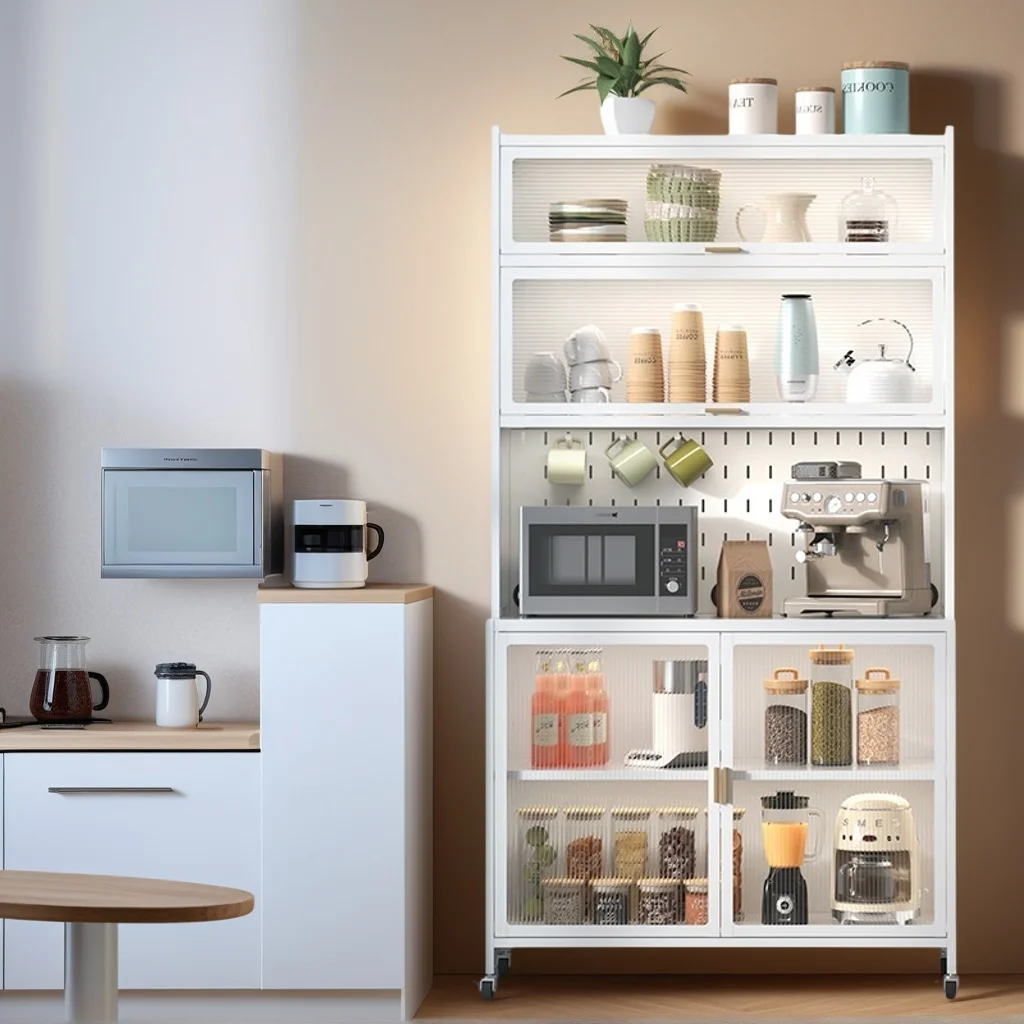 Cabinet de stocare din oțel cu mai multe niveluri, cu uși, bufet freestanding pentru organizarea veselor în bucătărie