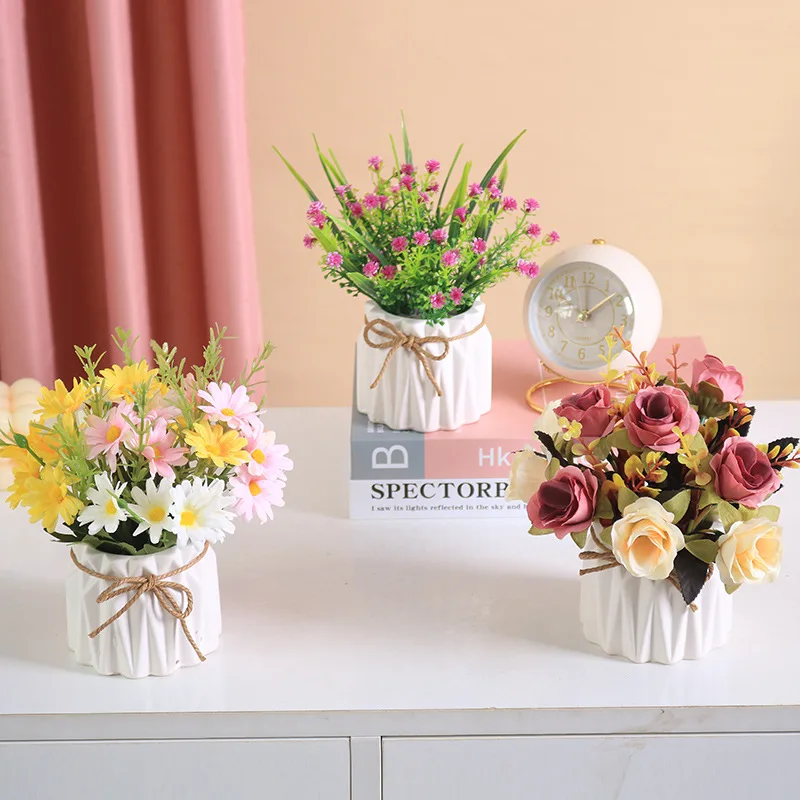 2 Bouquets Hortensias Artificiels En Pot - Décoration Table - Soie Et Céramique - Blanc Et Rose