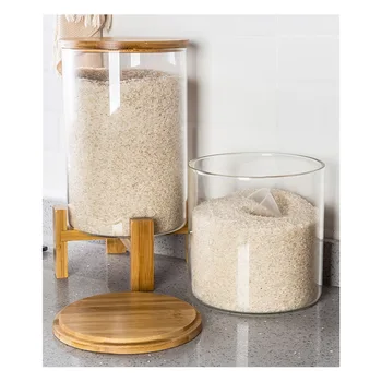 Large Container Flour Grain 5/7.5/10L Dispenser Storage Jar Nordic Borosilicate Glass Bamboo Lid Wooden Base Sealed Glass Food