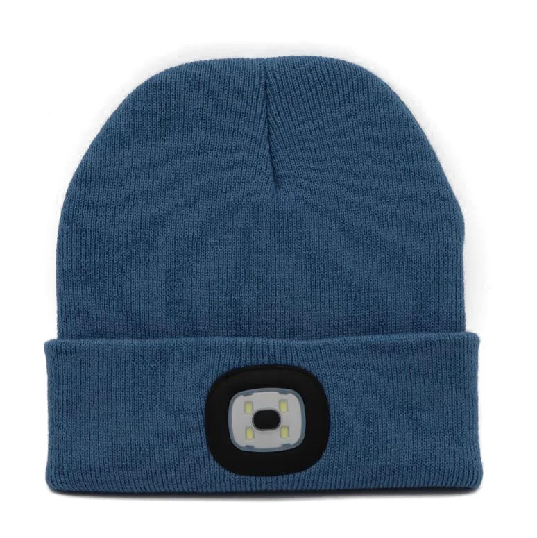 Logo Customized Embroidered 4 Led Lighted Running Hat Beanie Headlamps Outdoor Winter Led Light Hat Button Battery
