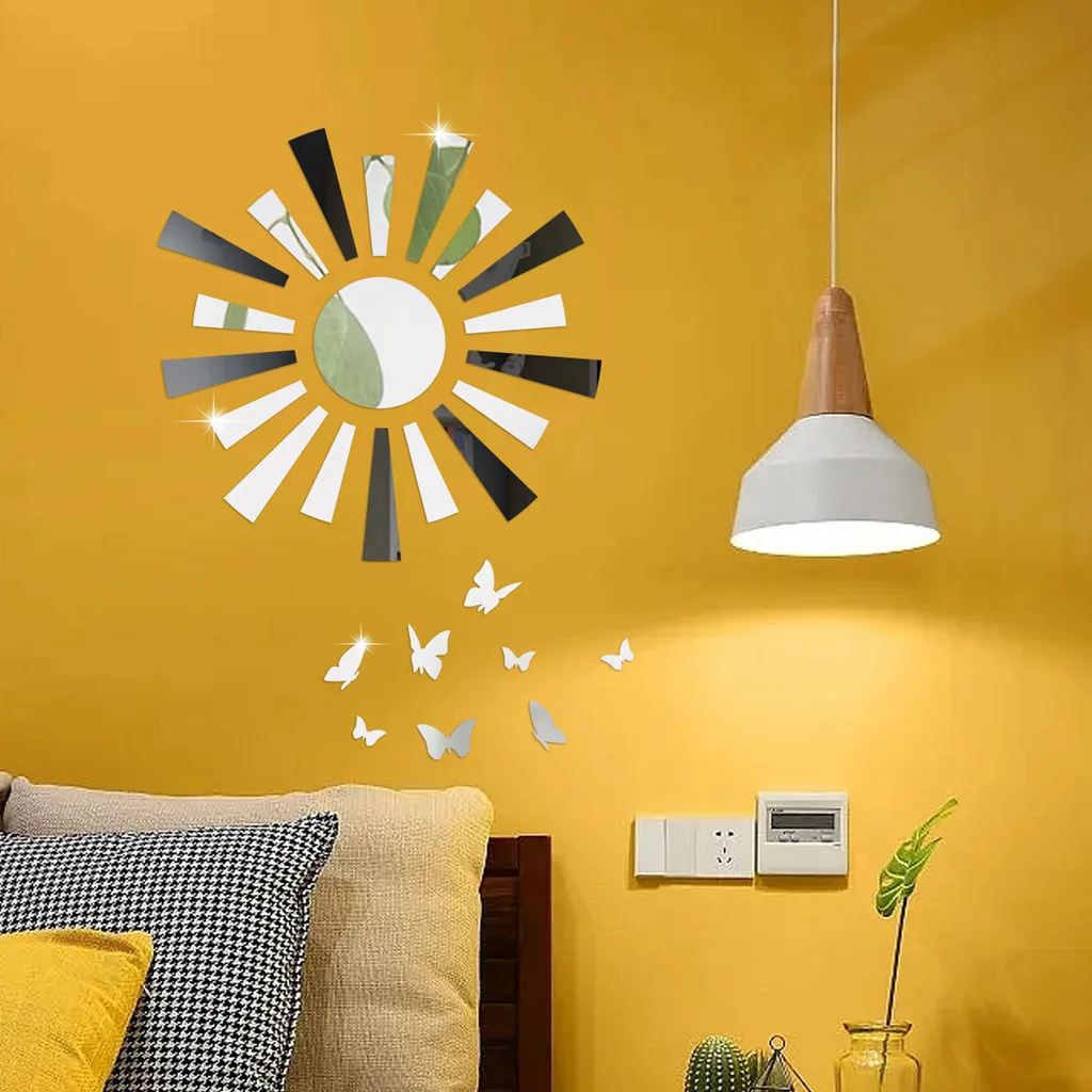 Customized Sunflower Butterfly Fly Acrylic Mirror Decal Sticker For Living Room Decoration Home 2743