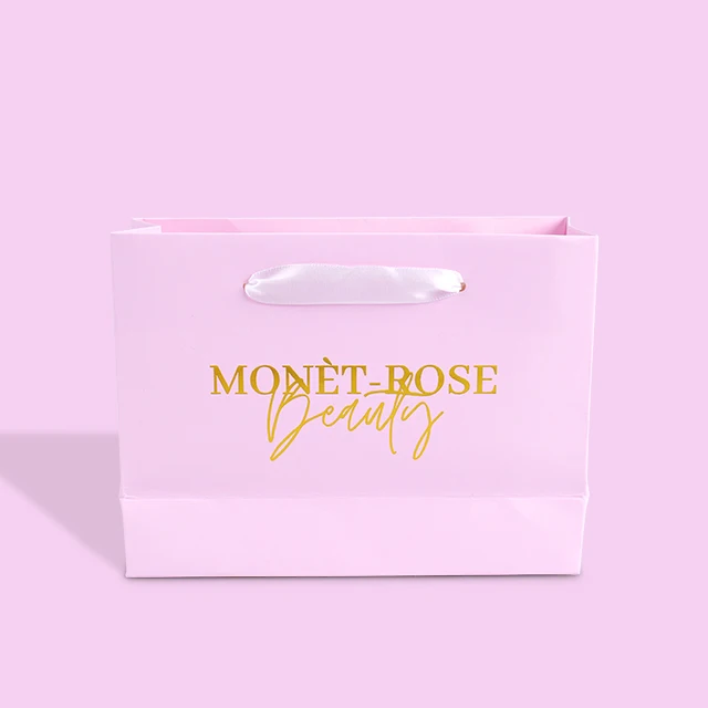 Hot sale Custom Logo Pink Cosmetic Paper Gift Bags With Gold Foil Stamping