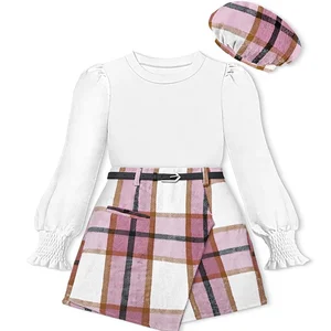 Girl Skirt Sets Smocked Cuffed Fall Outfits Long Sleeve Puff Sleeve Tops Plaid Skirt Shorts Adjustable Belt Clothes