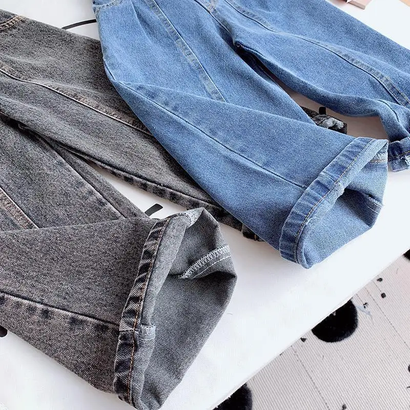 Spring Autumn Girls Jeans Baby Denim Pants Kids Wide Leg Trousers Children Bottoms Streetwear High Waist Buttons Pants
