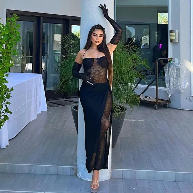 Lagerfe  9948 Haltermesh See Through  Bodysuit Slit Long Skirt Solid Women'S Dresses 2022 Fashion Party Club American Clothing