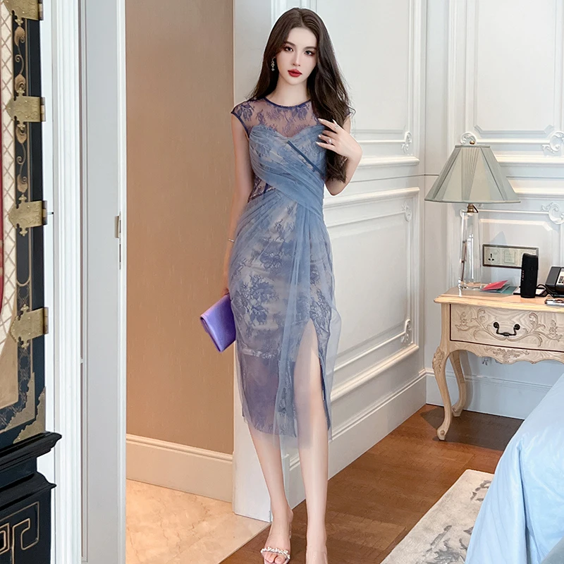 blue dress for baby girl Duntery V Neck See-Through Floral Applique Tulle Mini Dress, Dark-Navy