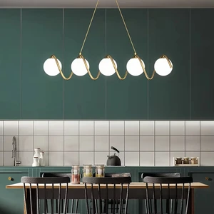 JACKSUN LED Glass Globe Balls Chandelier 5 Lights Mid Century Brass Pendant Lamp Spiral Wave Light 80cm Over Table