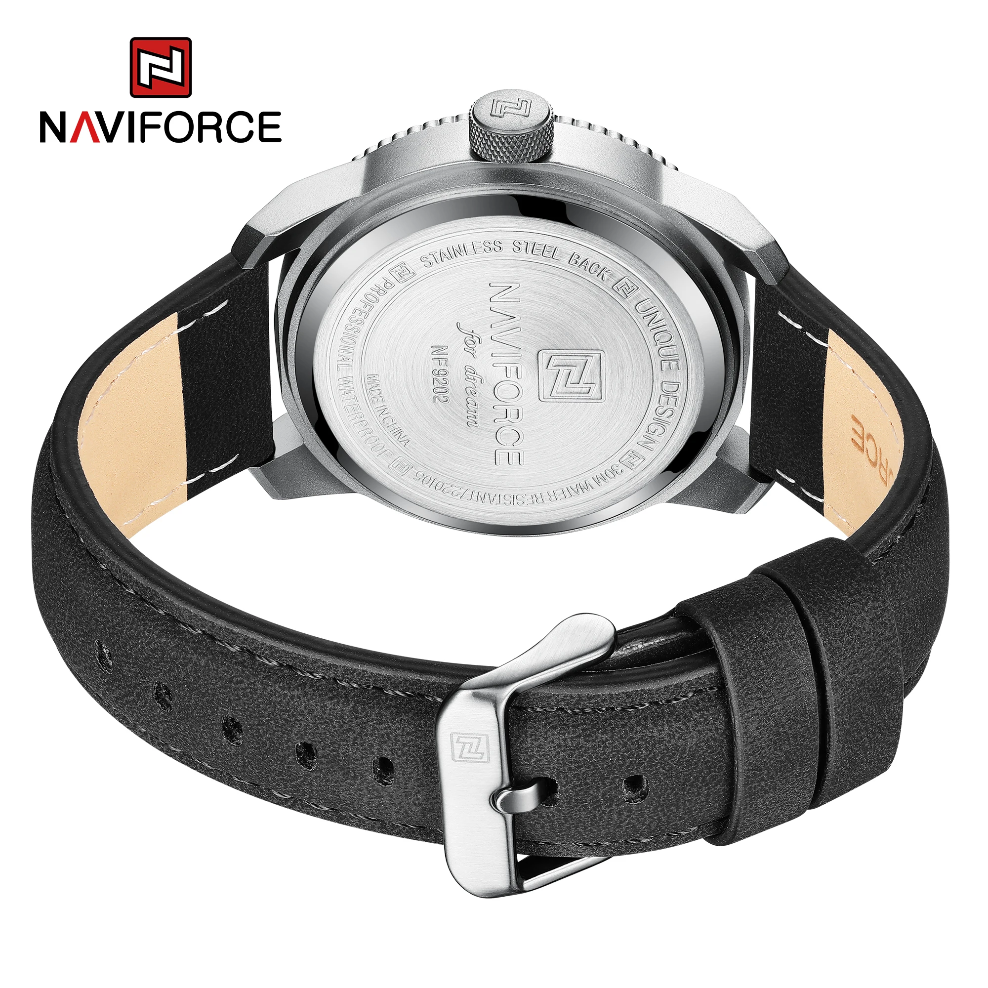 NAVIFORCE 9202 Men's Watch Waterproof, Leather Band