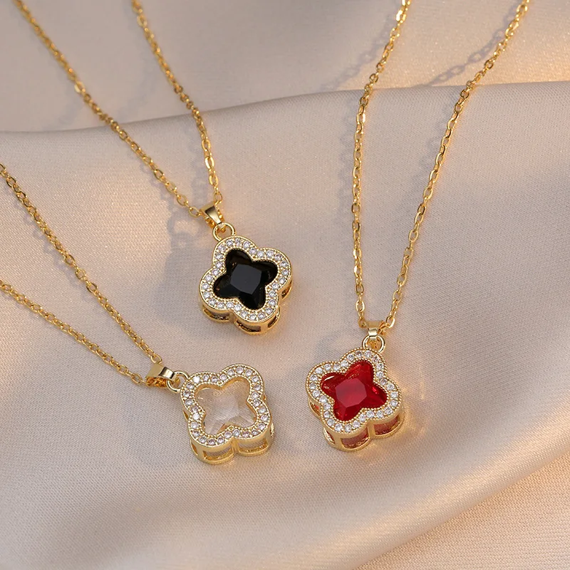 18K Gold Black Clover Pendant Necklace