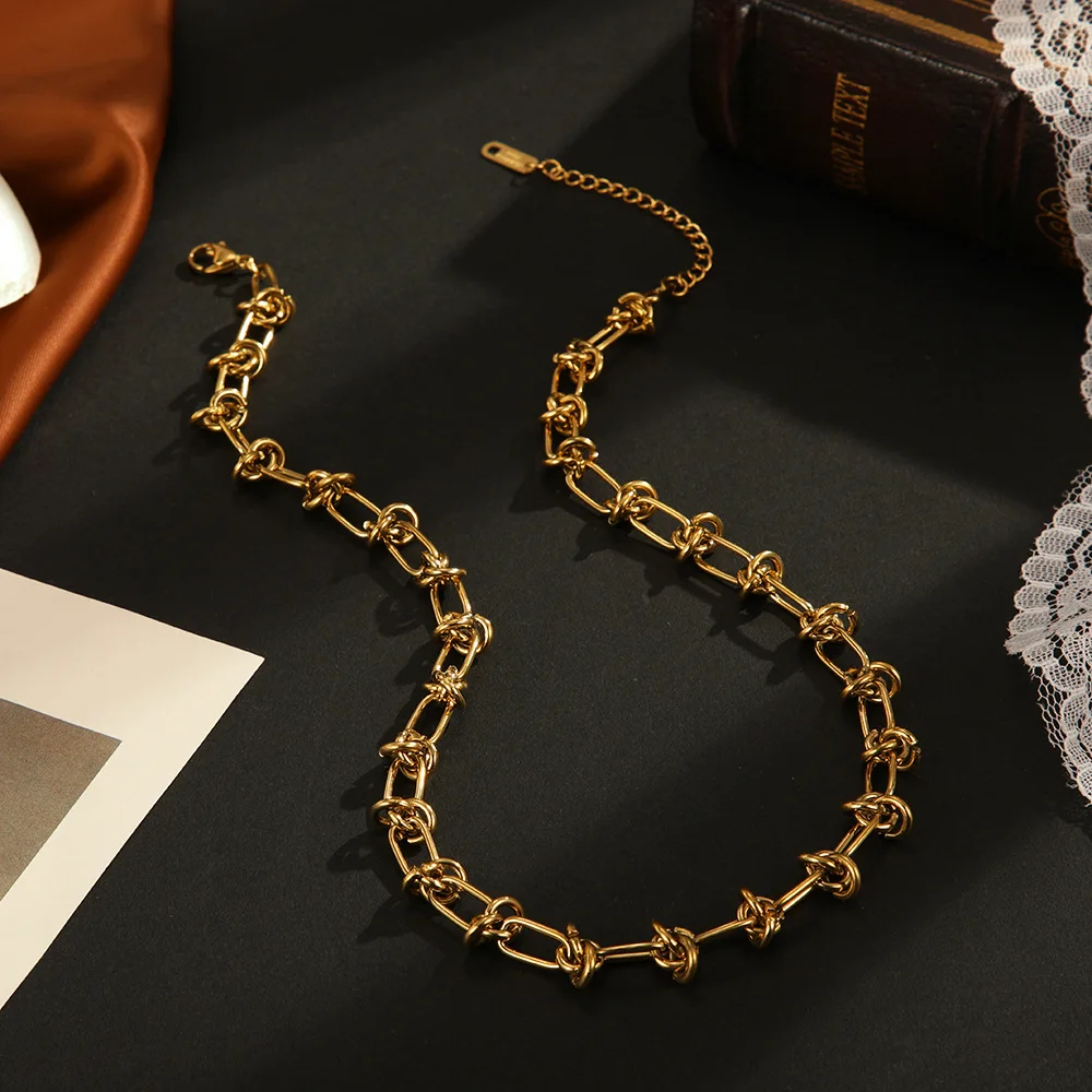 Exaggerated Style 14K Gold Plated Titanium Steel Knotted Link Chain Necklace for Punk Women