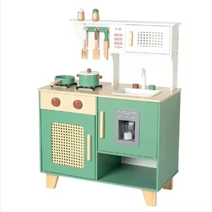 Montessori Retro Green Wooden Kitchen Toys for Boys Play Set Educational Pretend Ice Maker Kitchenware Toys for Boys Girls