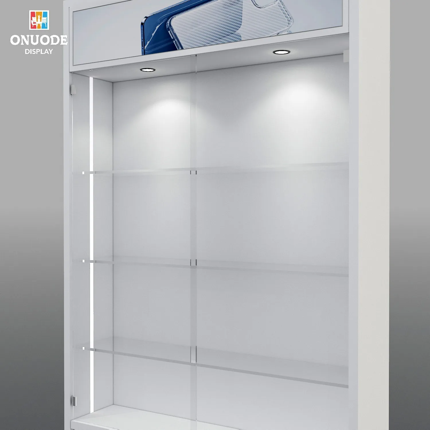 Customized New Design LED Lighting Wall-Mounted Glass Display Cabinet Retail Optical Shop Counter Cell Phone Showcase for