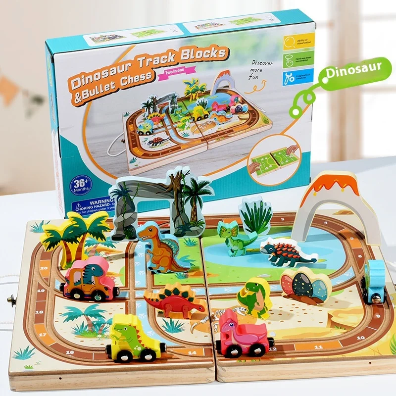 Tragbares, unterhaltsames Desktop-Spurbausatz-Spielzeug für Kinder, Dinosaurier-Verkehrsszenario, pädagogisches Holzeisenbahn-Set, Reisespielzeug für Kleinkinder