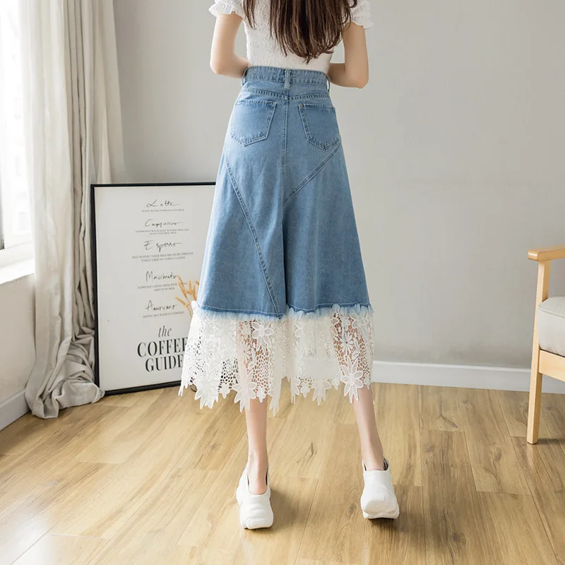 صورة حقيقية: تنورة على شكل حرف A، عالية الخصر، جديدة لفصل الربيع/الخريف، أنيقة ومزينة بالدانتيل، متوسطة الطول على شكل مظلة، تنورة جينز مغسولة للنساء، سريعة الارتداء