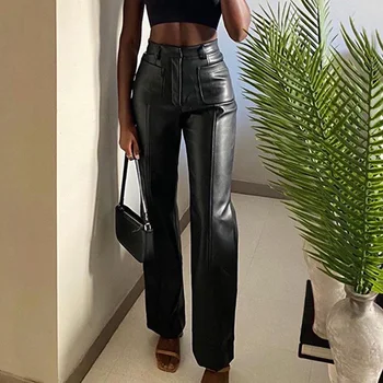 New Amazon Hot Sale High Waist PU Leather Trousers Women Button Straight Long Faux Leather Pants