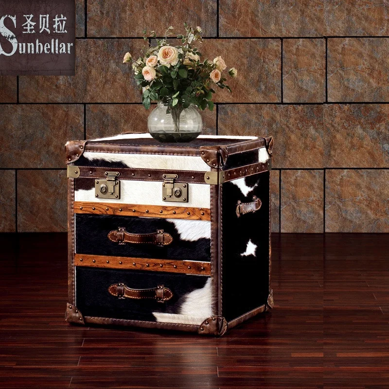 Antique Steamer Trunk Side Tables Cow Fur Genuine Leather Trunks with  Drawer Decoration Vintage Trunks and Storage Chests