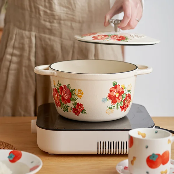 Kitchen Cooking Pot Sets Flower Pattern Big Shallow Cast Iron Cookware 30741