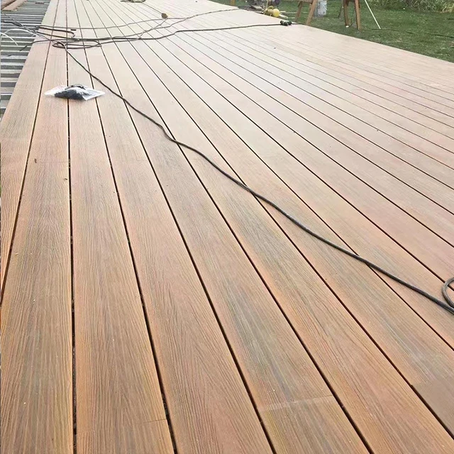 140*23mm round hole wood grain balcony courtyard second generation co extruded wpc decking plastic wood floor