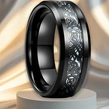 Factory Sale OEM 8MM Tungsten Carbide Colorful Opal Sticker Inlay Black Celtic Dragon Inlay Beveled Edge for Wedding Men Jewelry