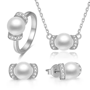 Christmas Gift 925 Sterling Silver Jewelry Set Aaa Cubic Zirconia Rhodium Plating Girls Pearl Jewelry Sets Necklace