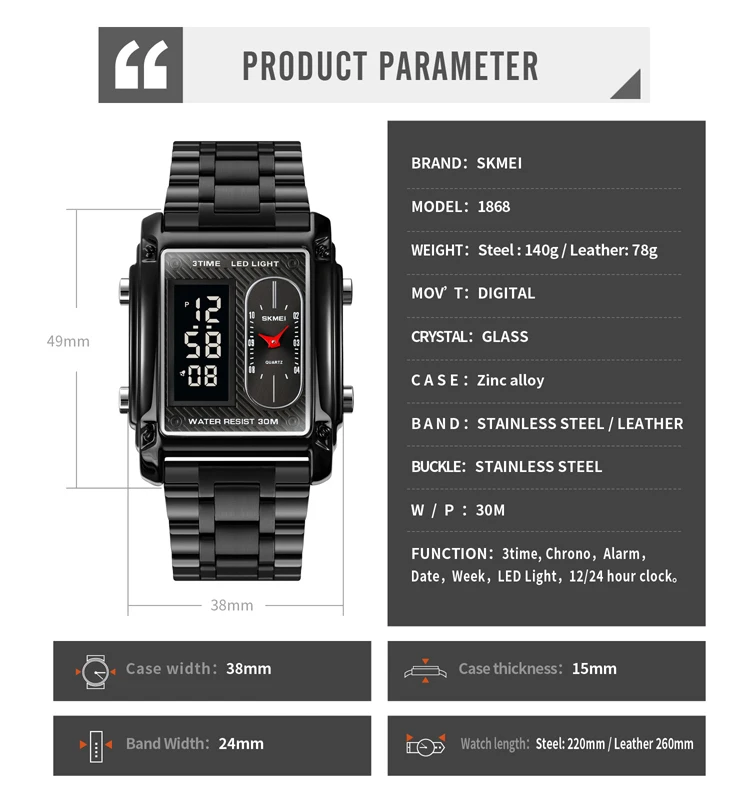 SKMEI 1868 New Arrival Original Luxury Business Watches Fashion Design Sport Waterproof Sport CHARM Wristwatch Digital Watches