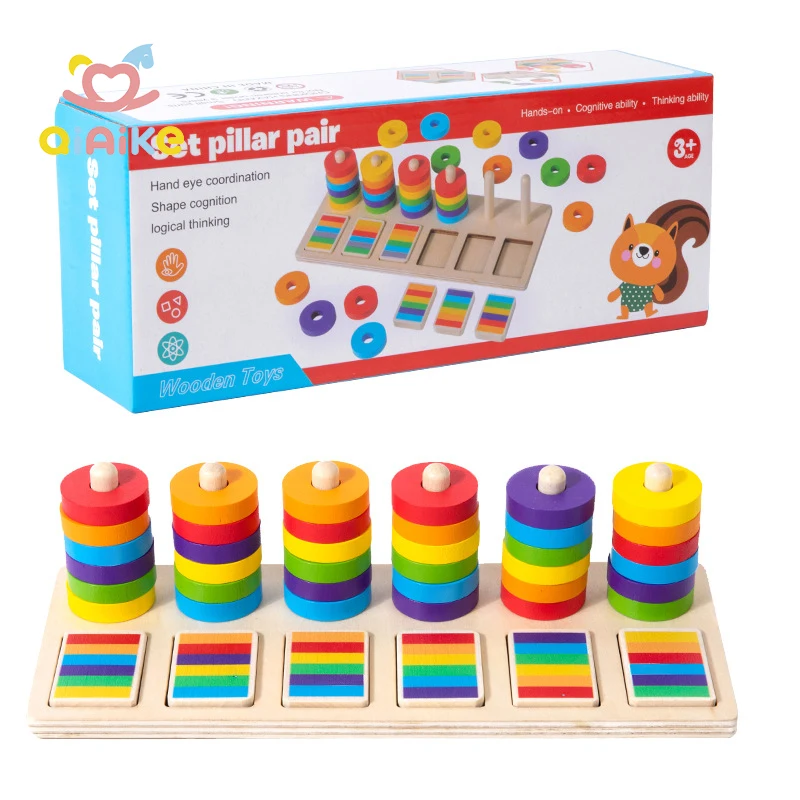 Rainbow Montessori Educational Early Childhood Stacking Blocks Toys Kindergarten Color Matching Rings Set Boards Wood CPC/EN71