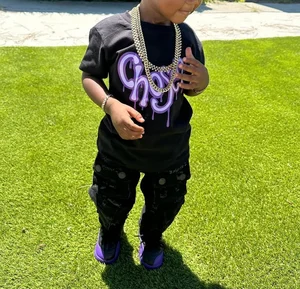 Factory Customized Trend Hip-hop Style Letter Casual T-shirt Trendy and Overalls Jeans Boys Clothing Set