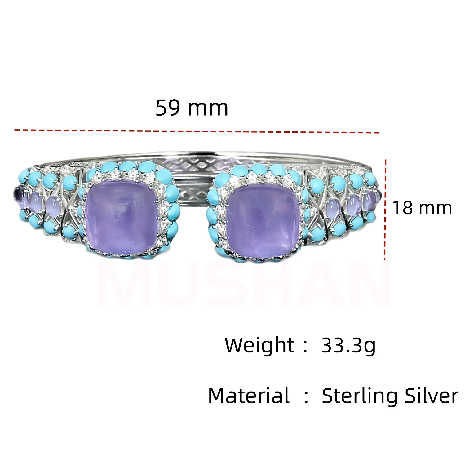 Opening Adjustable 925 Sterling Silver Bracelet Luxury Brand Designer High Carbon Diamond Blue Turquoise Amethyst Bangles Woman