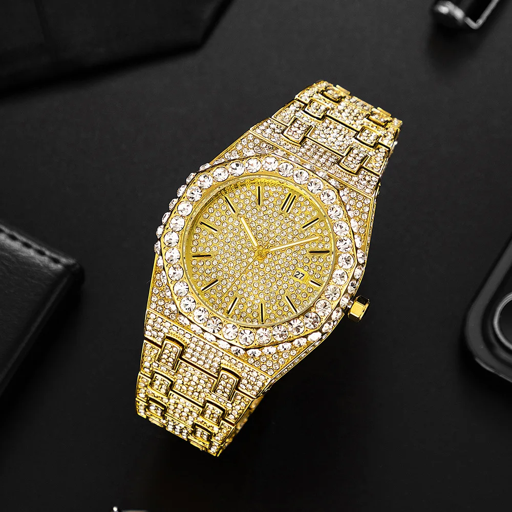 Luxury Bling Diamond Stones Men's Watch 18k Gold Plated Ice Out Quartz ...